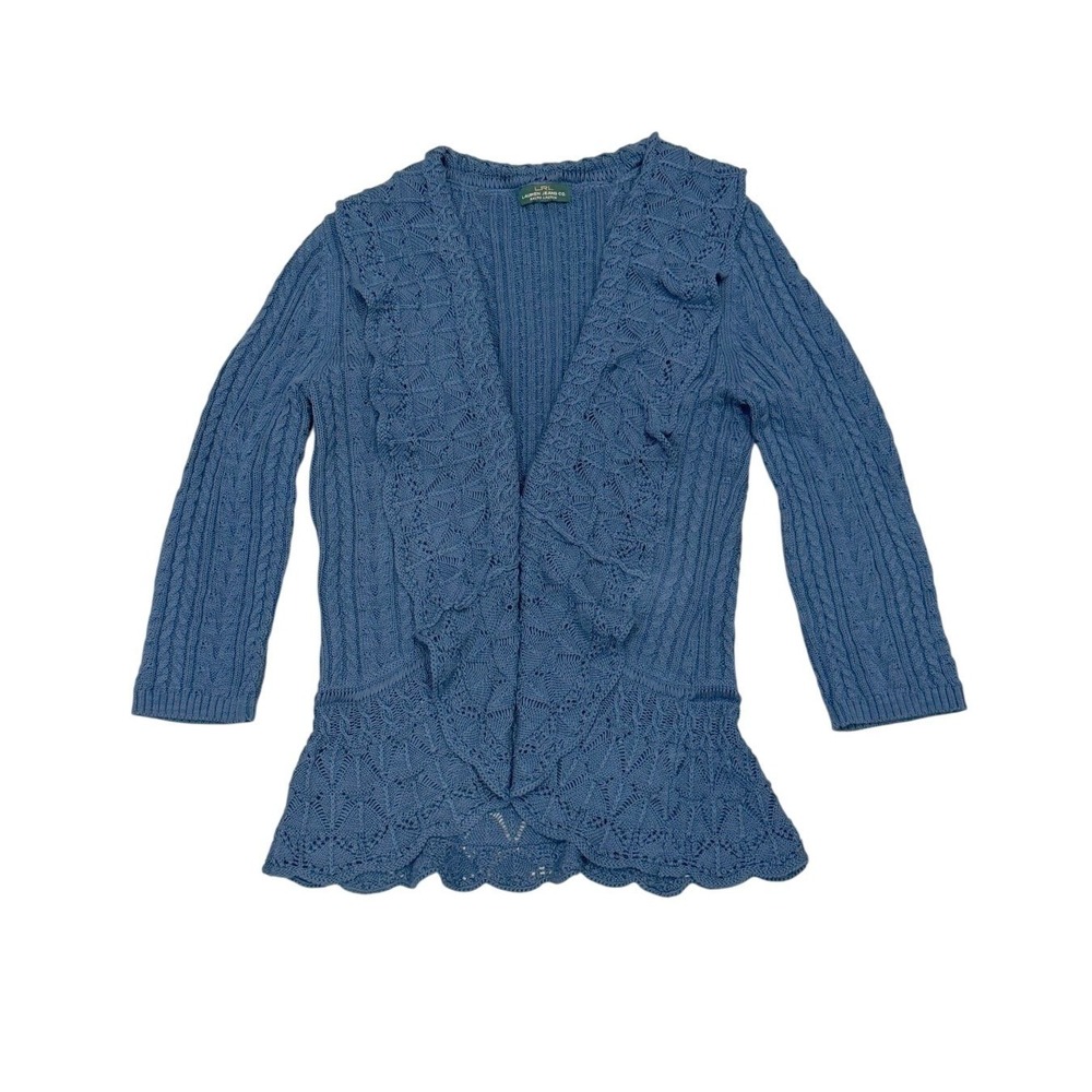 VTG LRL Lauren Jeans Co S/M Blue Pointelle Cable Knit Open Cardigan 3/4 Sleeve